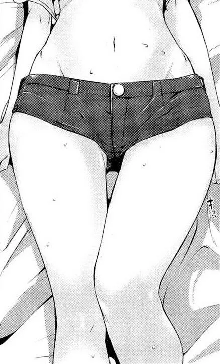 LF Mono Source: 1girl, close up, belly, navel, lying on bed, sweat, arms, thighs, legs, denim shorts