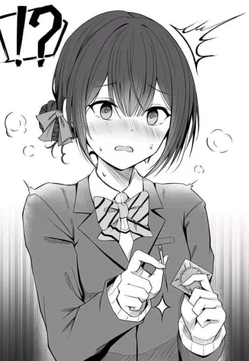 LF Mono source: 1girl, condom, schoolgirl uniform, blushing, !?