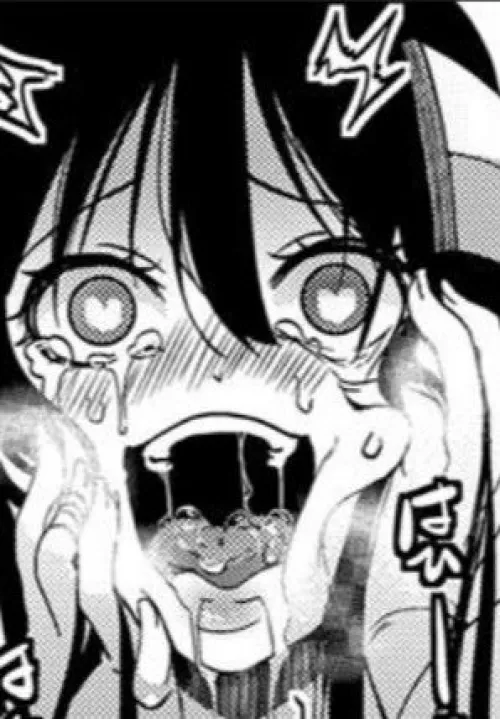 LF Mono Source: 1girl, face focused, heart shaped pupils, black hair, steam, crying/tears, SFX, hands on own cheeks, hair between eyes, open mouth, drooling, saliva, blushing, sweating, looking at viewer, smiling/laughing