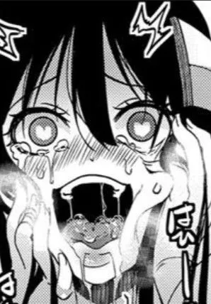 LF Mono Source: 1girl, face focused, heart shaped pupils, black hair, steam, crying/tears, SFX, hands on own cheeks, hair between eyes, open mouth, drooling, saliva, blushing, sweating, looking at viewer, smiling/laughing