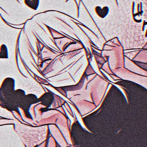 LF Mono Source: 1girl, mask, long hair, white hair, blush, joystick, hair between eyes, brown shade, brown filter, big breasts, arms up, spoken out heart, japanese text