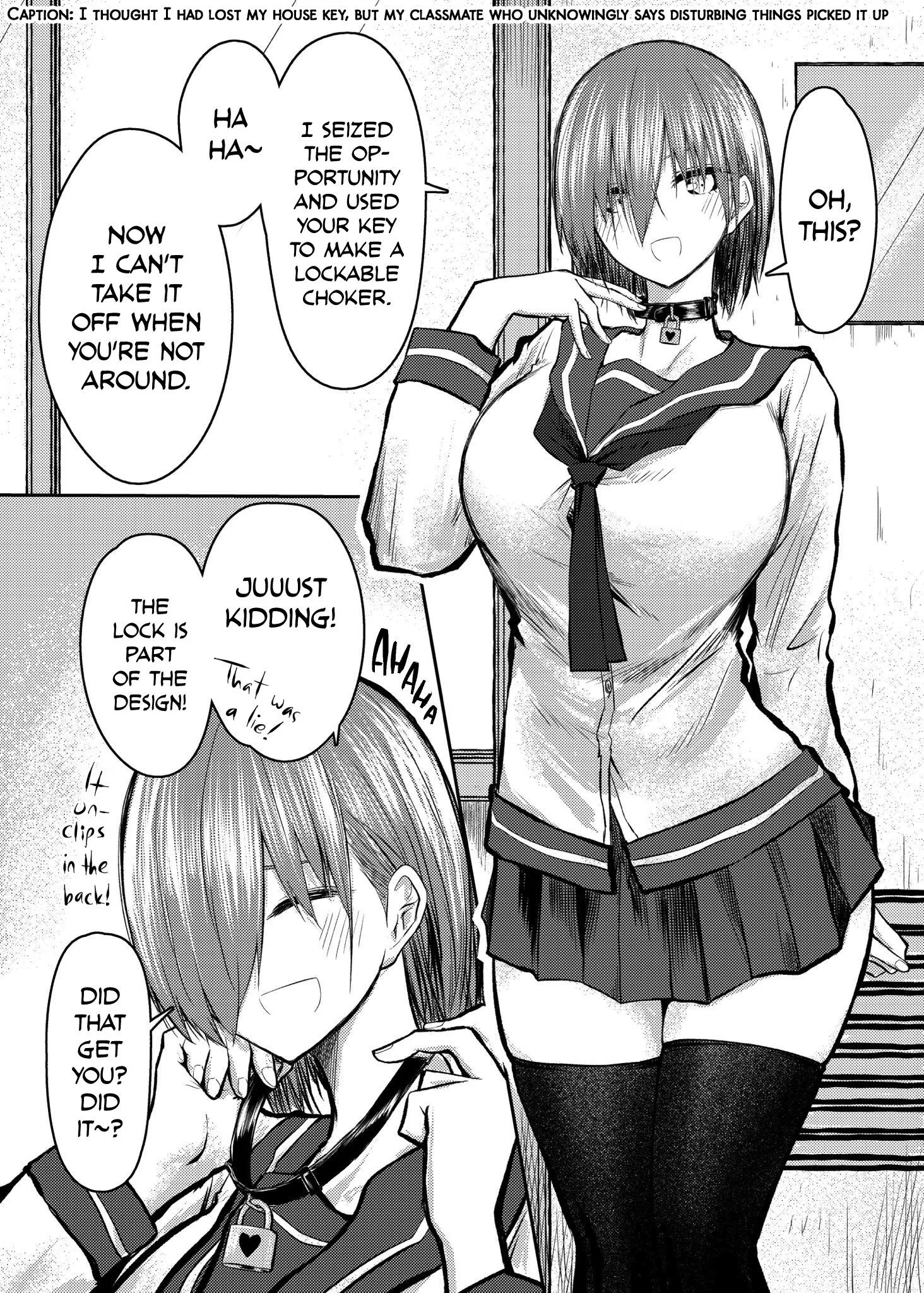 LF Mono Source: 1girl, short hair, stockings, school uniform, choker, knees out of frame, hand on neck “I THOUGHT I HAD LOST MY HOUSE KEY, BUT MY CLASSMATE WHO UNKNOWINGLY SAYS DISTURBING THINGS PICKED IT UP”