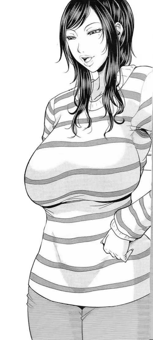 LF Mono Source: 1girl, standing, long hair, black hair, big breasts, long sleeve, pants, mole under eye, open mouth, striped shirt, looking down