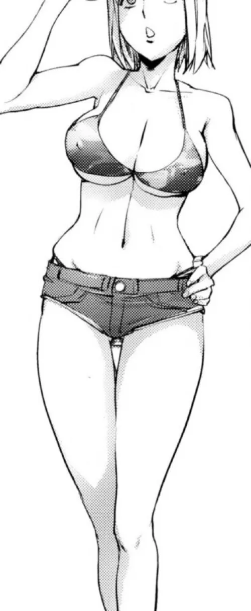 LF Mono Source: 1girl, standing, white hair, short hair, open mouth, big breasts, black bikini, covered nipples, denim shorts, hand up, hand on own hip