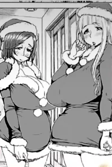 LF mono source: 2girls, big tits, milf, christmas clothes, christmas hats, dark hair, light hair, exposed cleavage, covered cleavage, bare legs, short dress, long hair, short hair.