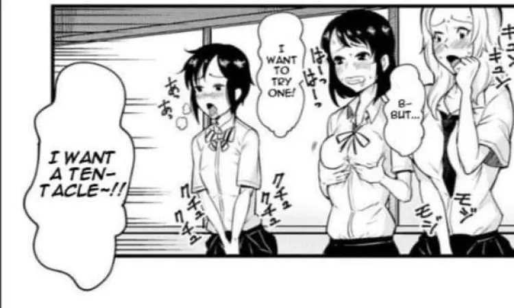 LF mono source: 3girls, school uniform, ahegao, blush, open mouth, sfx, masturbation, fondling, small breast, large breasts, bangs, sweat, “I want a tentacle~!!” “I want to try one!” “B-but…”