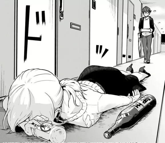 LF Mono Source: Face Down, Japanese Text, Alcohol, 1boy, 1girl, Sweater, Skirt, Heels