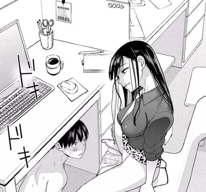 LF Mono Source: foreign text, 1girl, 1boy, short hair, long hair, laptop, desk, legs spread, enticing, naked, shirt on