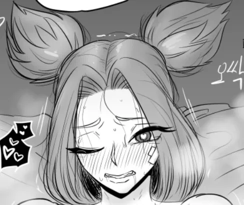 LF Mono Source, foreign text, 1girl, heart shaped pupils, ahegao, closed left eye, double ponytail, bandaid