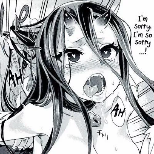 LF Mono Source: “I’m sorry, I’m so sorry...!”, “AH”, Ahegao, Demongirl, Devilgirl, tongue, sweat, 1girl