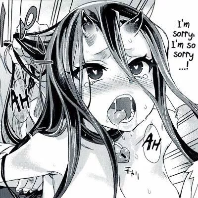 LF Mono Source: “I’m sorry, I’m so sorry...!”, “AH”, Ahegao, Demongirl, Devilgirl, tongue, sweat, 1girl