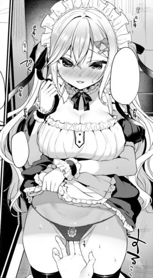 LF Mono Source: maid outfit, ribbons in hair, blushing, neck ribbon, foreign text, textless bubbles, ayuma sayu, sweating, skirt lift, underwear