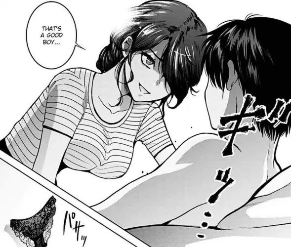 LF Mono Source: That's a good boy, 1girl, 1boy, black hair, t-shirt, panties taken off and thrown