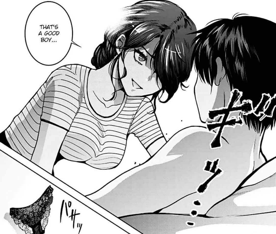 LF Mono Source: That's a good boy, 1girl, 1boy, black hair, t-shirt, panties taken off and thrown