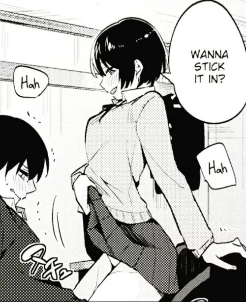 LF mono source: “wanna stick it in?” “hah” “hah” 1girl, 1boy, school uniform, skirt lift, short skirt, sweater, foreign text