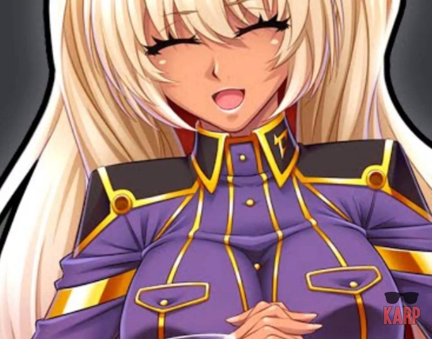LF Mono source: White hair, Tanned skin, Big breasts, smiling with eyes closed