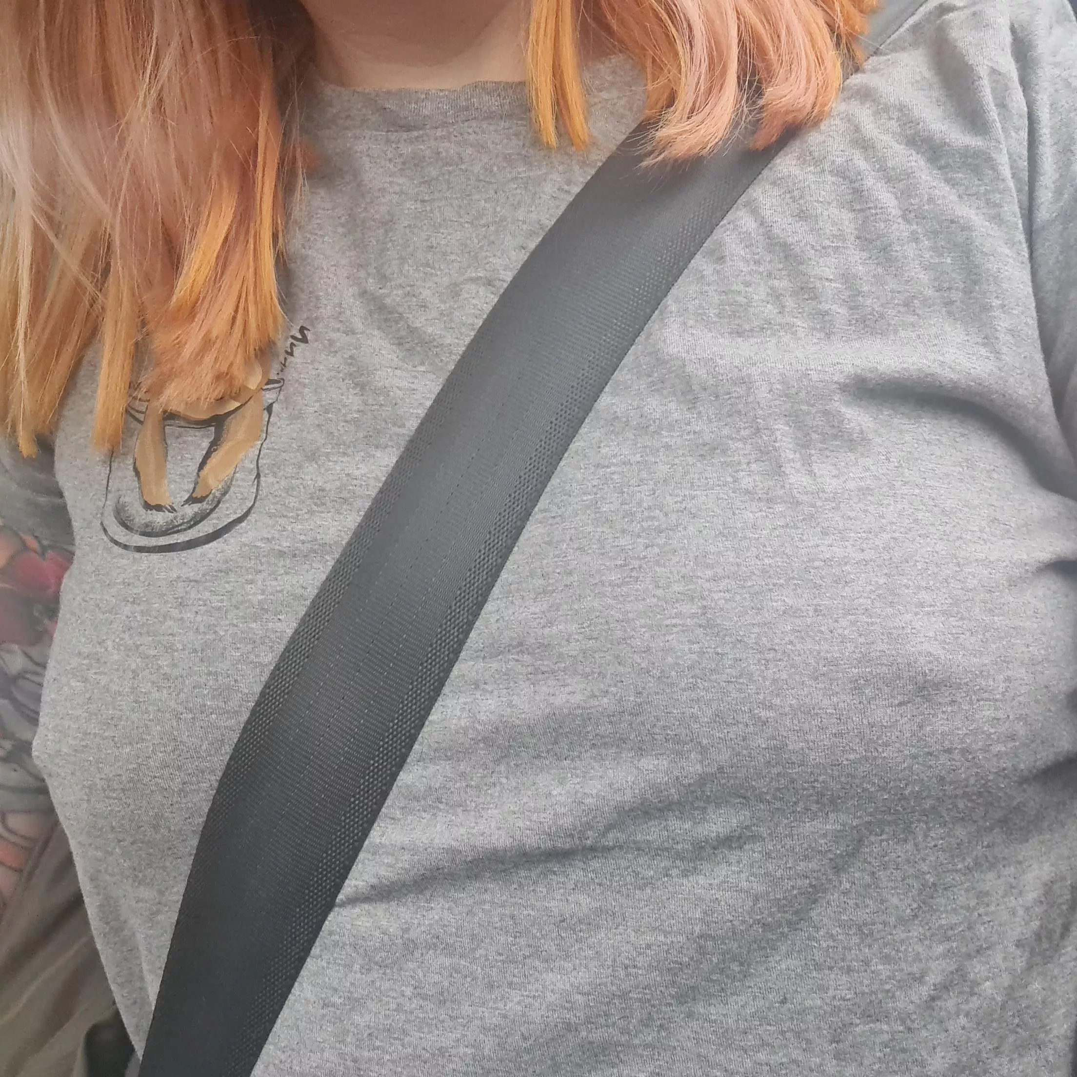 Lost the constraints of a bra to get squished by a seatbelt