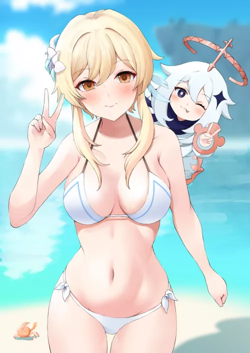 Lumine and Paimon at the beach [Genshin Impact]