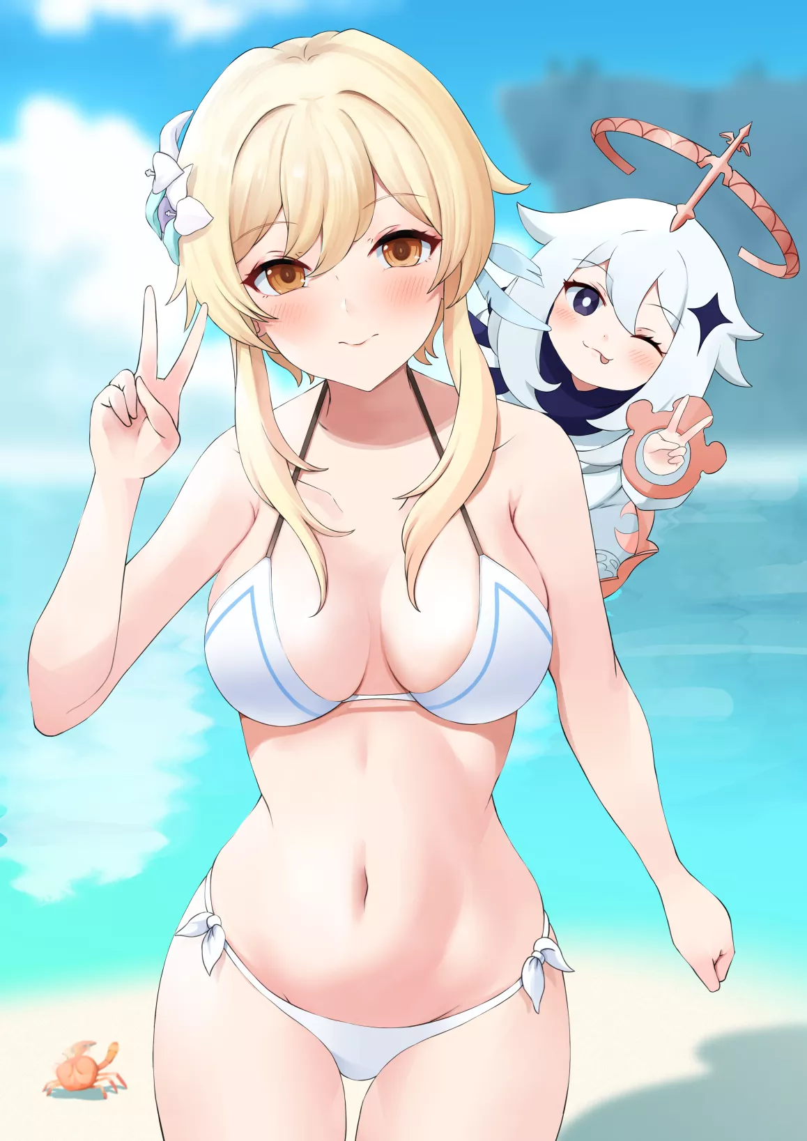 Lumine and Paimon at the beach [Genshin Impact]