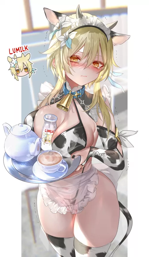 Lumine with tea and Lumilk (pottsness) [Genshin Impact]