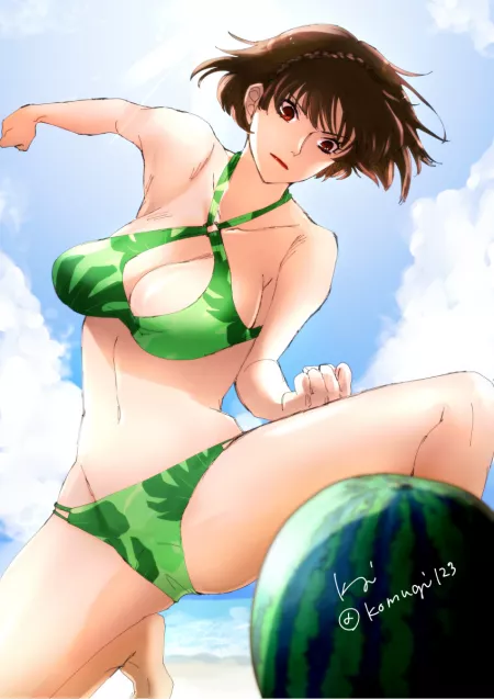 Makoto against a watermelon Makoto against a watermelon