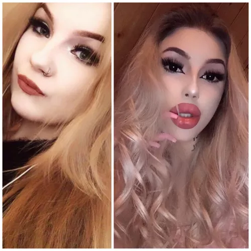 me before and one year after bimbofication🔥🤠+ also breast augmentation 6 months ago💋