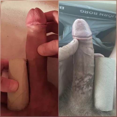 Me vs. @steffen580 compared π I defeat his huge cock in lenght, but he has bit more girth on it