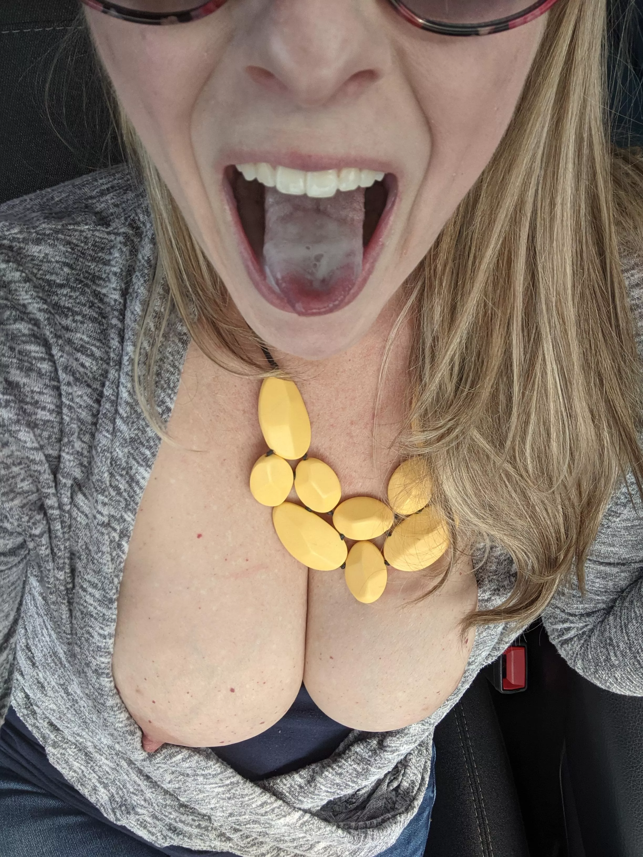 Met husband for lunch the other day...naturally I pulled my tits out in the truck, sucked his cock and swallowed his load. Enjoy! ????