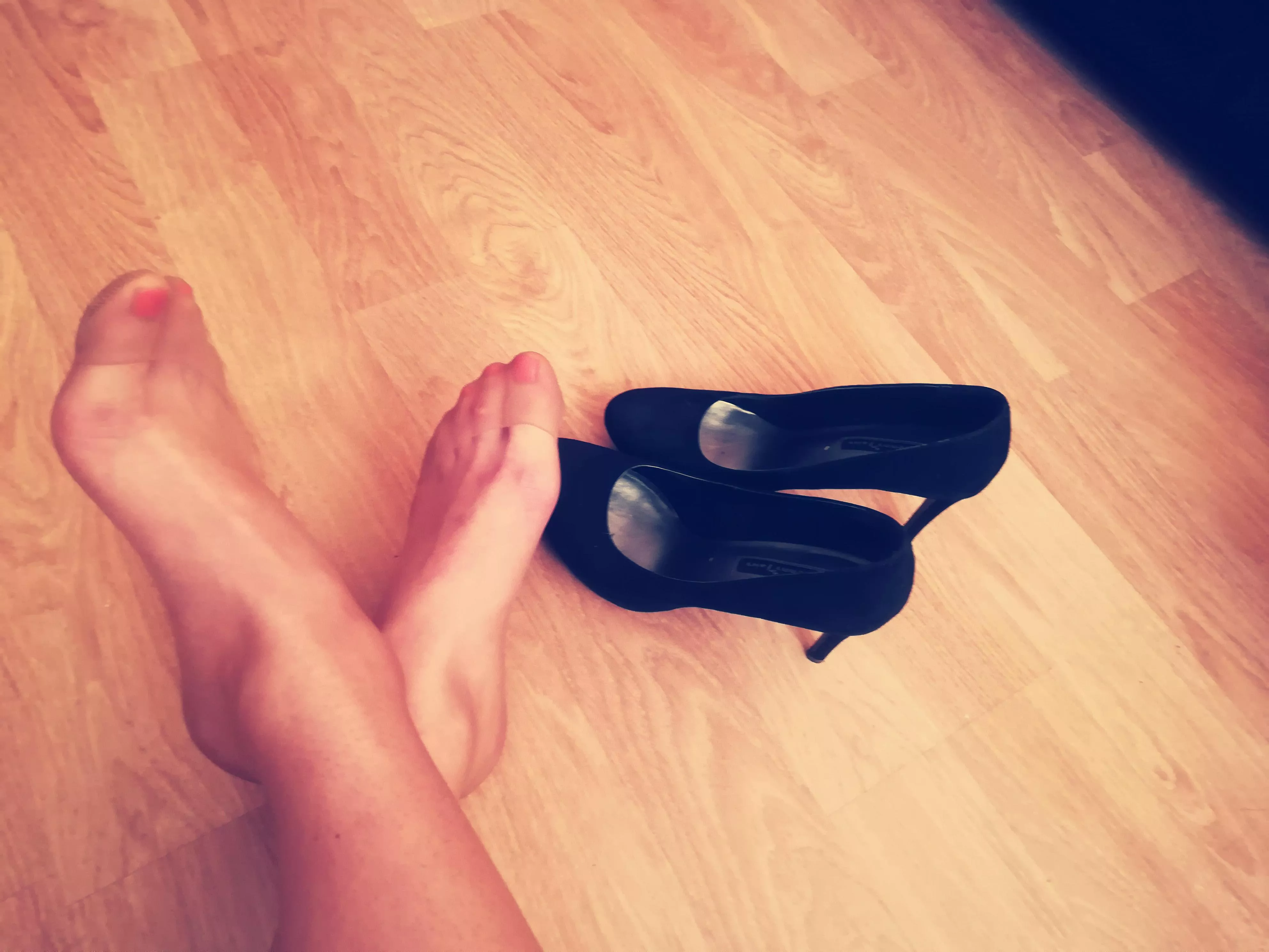 Mine first one here, shy one - soft beige pantyhose and light red nails..