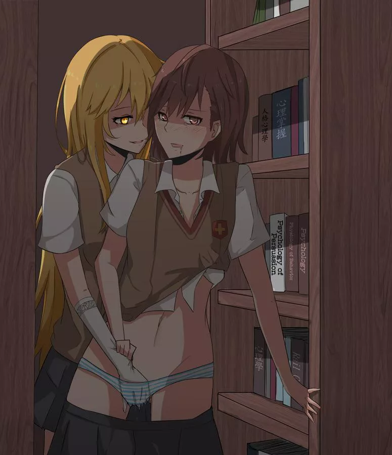 Misaki fingering Misaka in the library [Toaru Kagaku No Railgun]