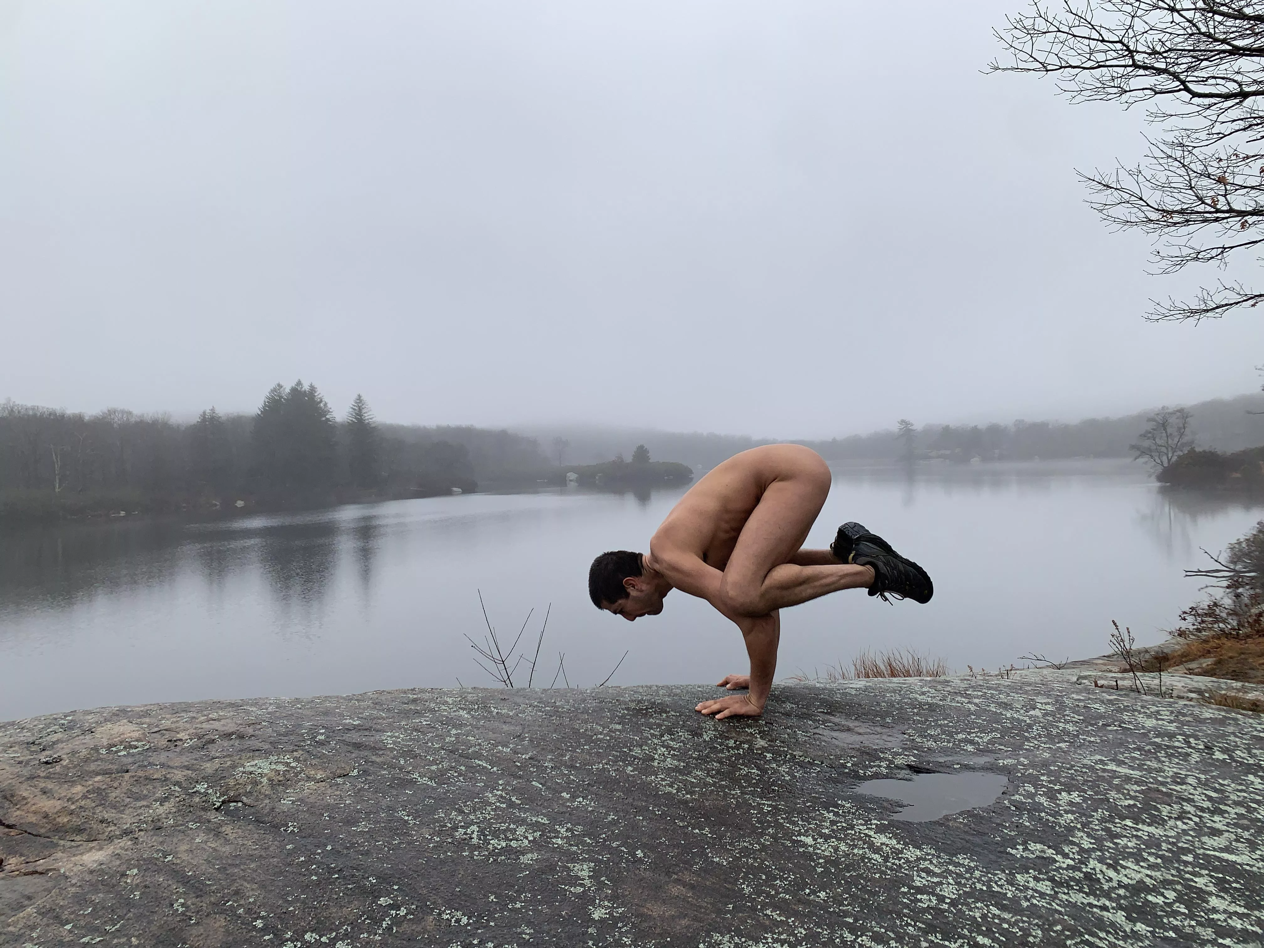 Misty foggy day hike and some naked yoga in this beautiful flat rock with the lake in the background Misty foggy day hike and some naked yoga in this beautiful flat rock with the lake in the background