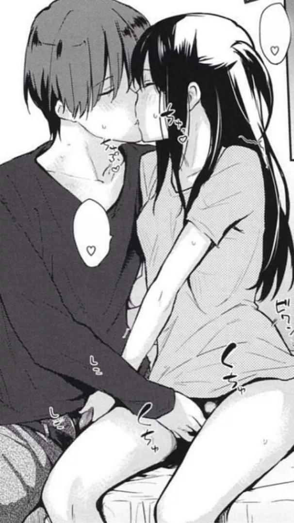 Mono 1boy, 1girl, black hair, blush, bottomless, closed eyes, clothed, empty text/speech bubble, fingering, foreign text, from side, handjob, long hair, long sleeves, on bad, pants, sfx, shirt, short hair, short sleeves, sidelocks, sitting, small breasts