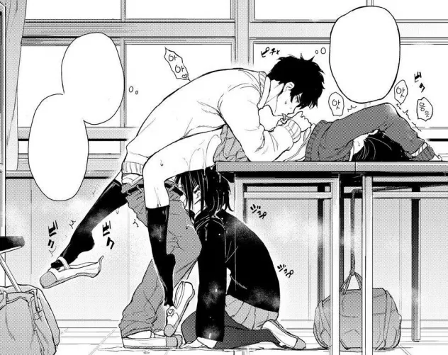 Mono 1boy, 2girls, arms up, black hair, blowjob, breast sucking, classroom, clothed, empty/blank text/speech bubble, foreign text, from side, hairclip, handbag, kneeling/on knees, licking nipple, on table, pussy juice, school uniform, schoolbag, sfx, shi