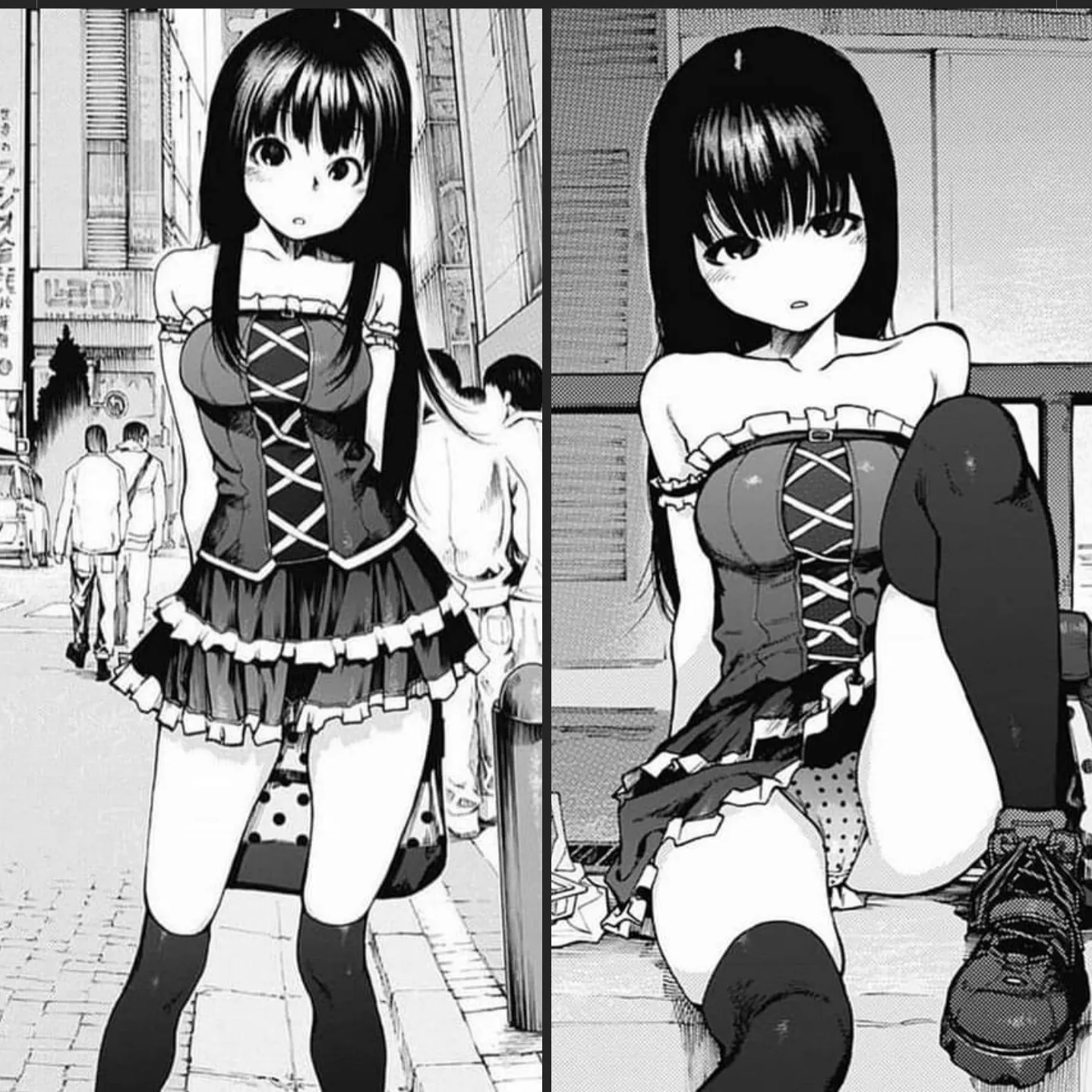 Mono 1girl, arms behind back, bangs, bare shoulders, black hair, boots, crowd, dress, frills, gothic lolita, long hair, looking at viewer, lunchbox, off shoulders, one knee up, outdoors, polka dot bag/purse/handbag, polka dot panties, riceball/onigiri, s