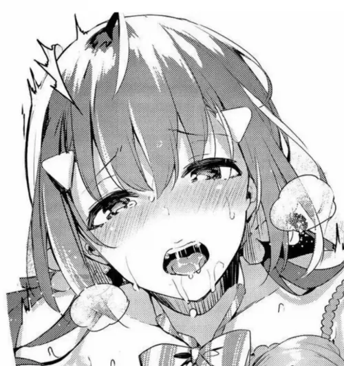 Mono: 1girl, long dark/brown hair between eyes, eyebrows visible through hair, bangs, sidelocks, ahoge, hair flower, hairclip/hairpin/hair ornament, ahegao, blush, open mouth, tongue out, upper teeth, saliva trail/drool, sweat, tear, bowtie, bare shoulde