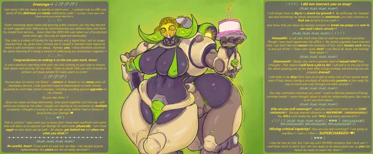 [MxF] Do you think she has a horse pussy, or a boring normal one? [Overwatch][Orisa][Robot][Human on Omnic][BHC][Cake][Wholesome?][MtG Caption][Artist: Saidra]