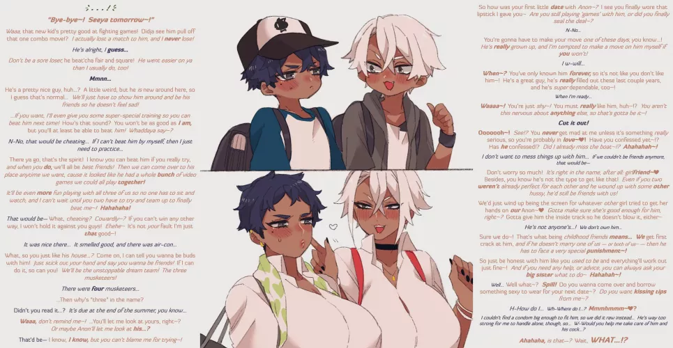 [MxFxF?] All grown up and all filled out [Childhood Friends][Age progression][Before and After][Wholesome][Tan skin][MtG Caption][Artist: picco__]