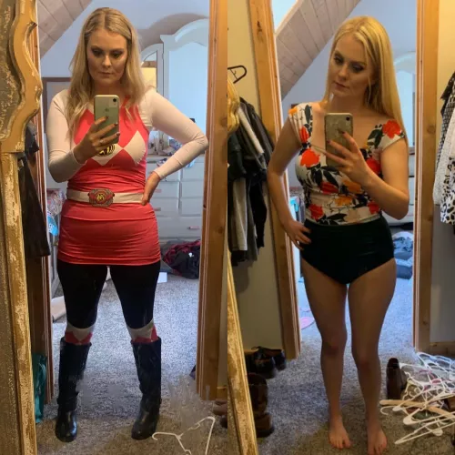 My 26yo wife and mom of 2. Left pic is her in a PowerRanger costume yesterday. Right pic is her in her one piece last summer. Sheβs 5β2 as well. What do you all think of her? Donβt hold backπ. Iβll make a collage of her in her bra and panties