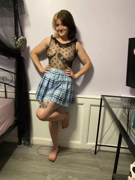 My cute outfit picked by daddy!!!! Do you love it with my little schoolgirl skirt ππ