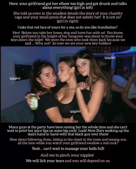 My drunk girlfriend sold me to her friends and cuck me. My drunk girlfriend sold me to her friends and cuck me.