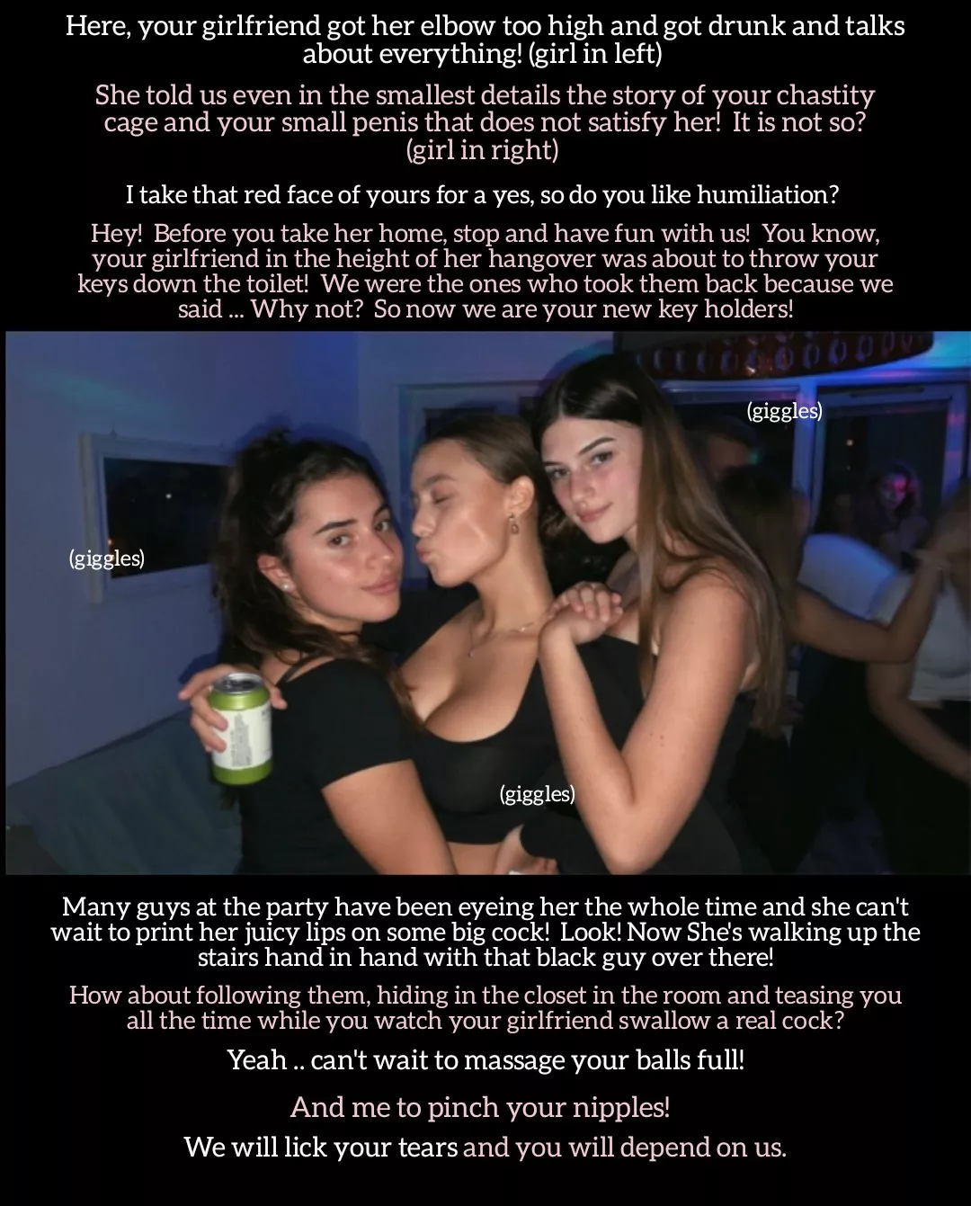 My drunk girlfriend sold me to her friends and cuck me. My drunk girlfriend sold me to her friends and cuck me.