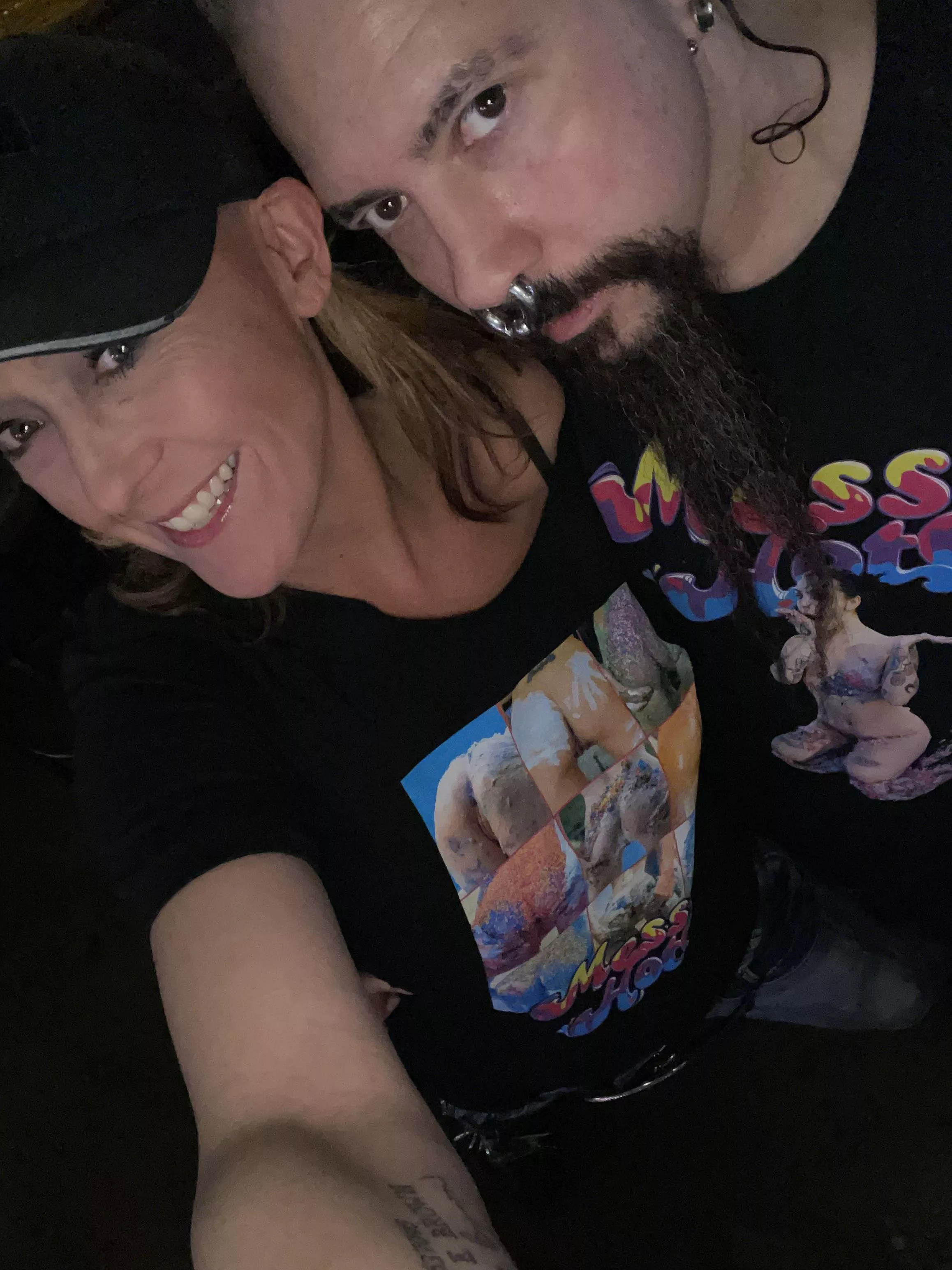 My favorite bartender and I wearing matching sploshing shirts