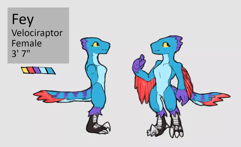 My fursona, Fey the Velociraptor [Art by @vargen_copy on Twitter]