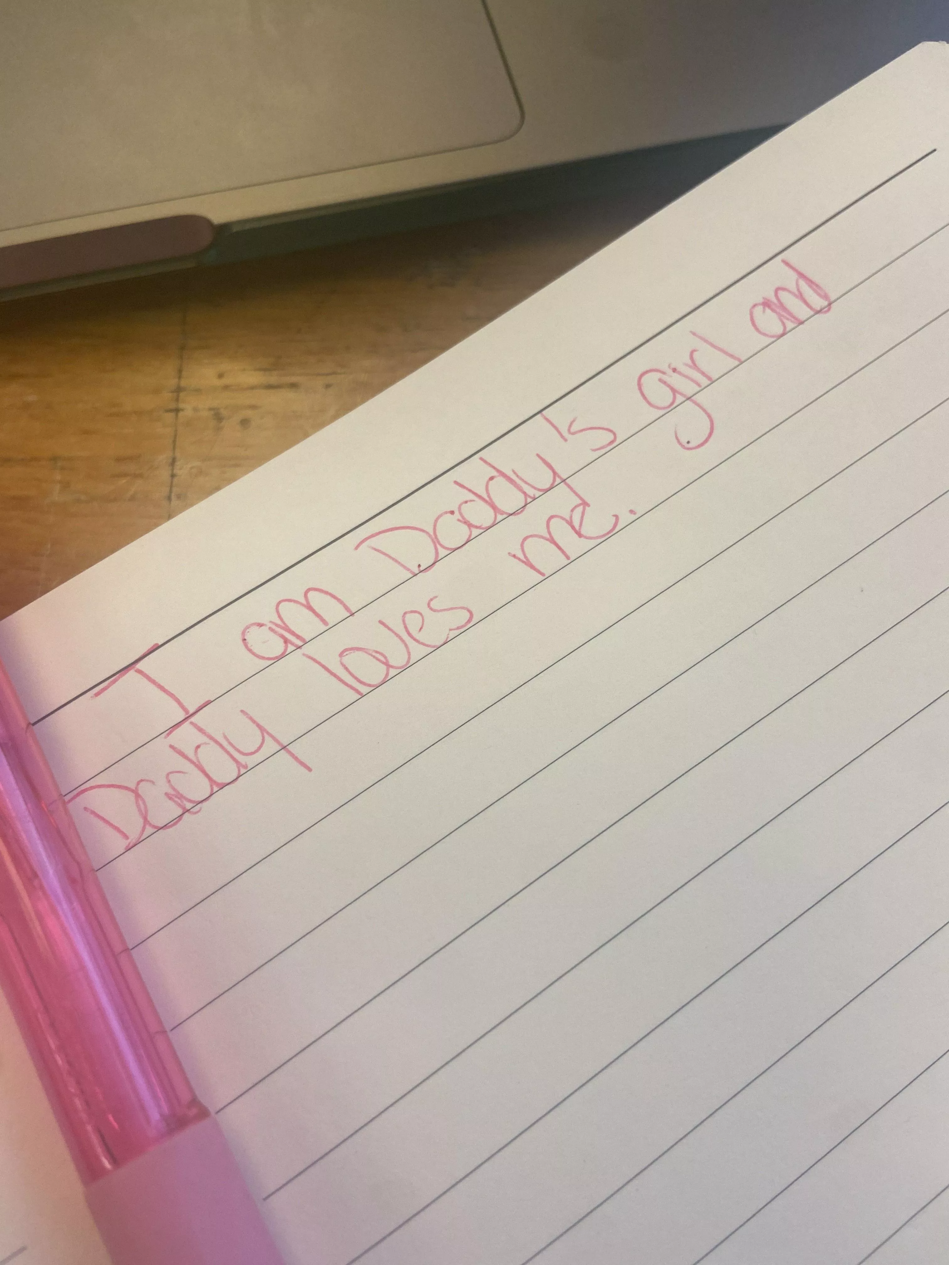 My honey has to be a big girl all day, so I had her write a little affirmation in her Daddy Diary, which she brought with her to class. She’s a good girl!