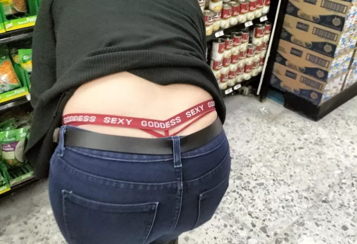 My hot wife in a sexy red thong in the supermarket