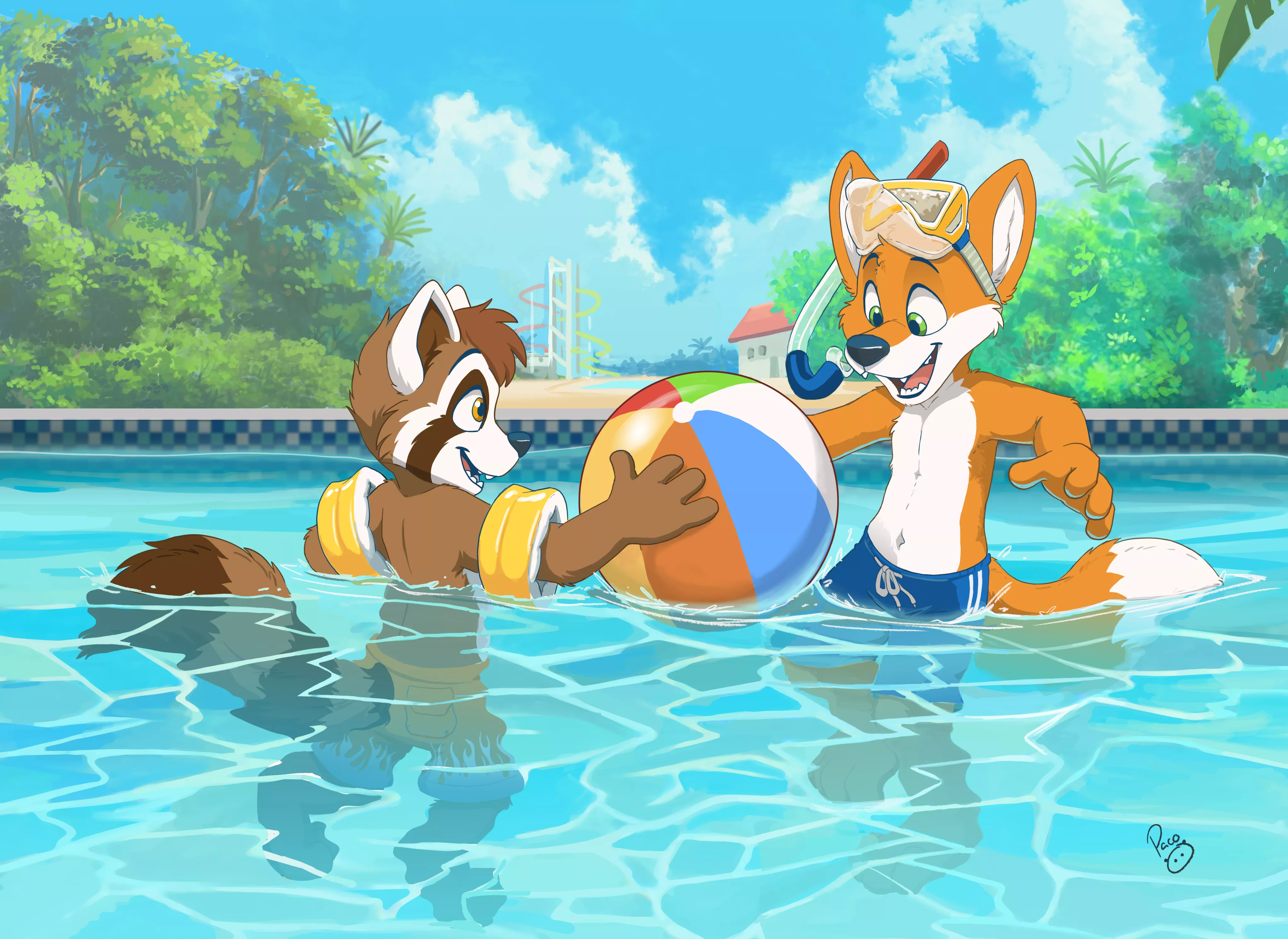 My most recent scene from PacoPanda, my fursona Friendly the fox with his little buddy Timothy the raccoon. Playing together in the swimming pool on a hot summer's day.