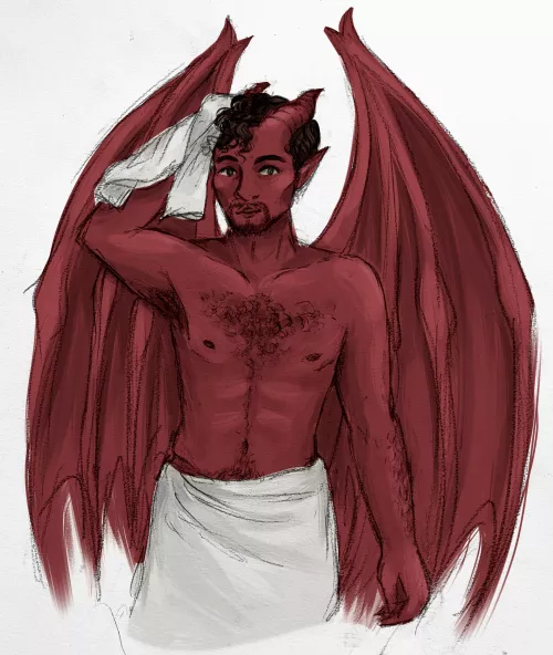 My new character, a Tiefling Cleric! Here’s a digitally-coloured sketch of him drying off after a shower
