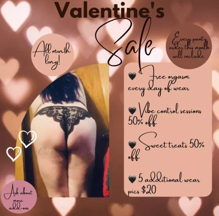 🍭 My Valentine’s sale is all month long 🍭 [selling] 2+ day wear panties starting at $40, orgasms each day, and vibe control and treats half off! 😍 Verified 5 Star Seller ✔️