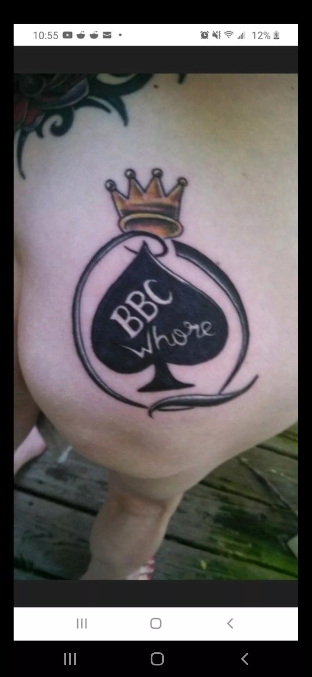 Need help want to get a qos tattoo I want to get this tattoo I don't know if I should get it on my ass cheek or a tramp stamp? also should I leave it as bbc whore or change it to bbc cum slut? what do you think would be better thanks