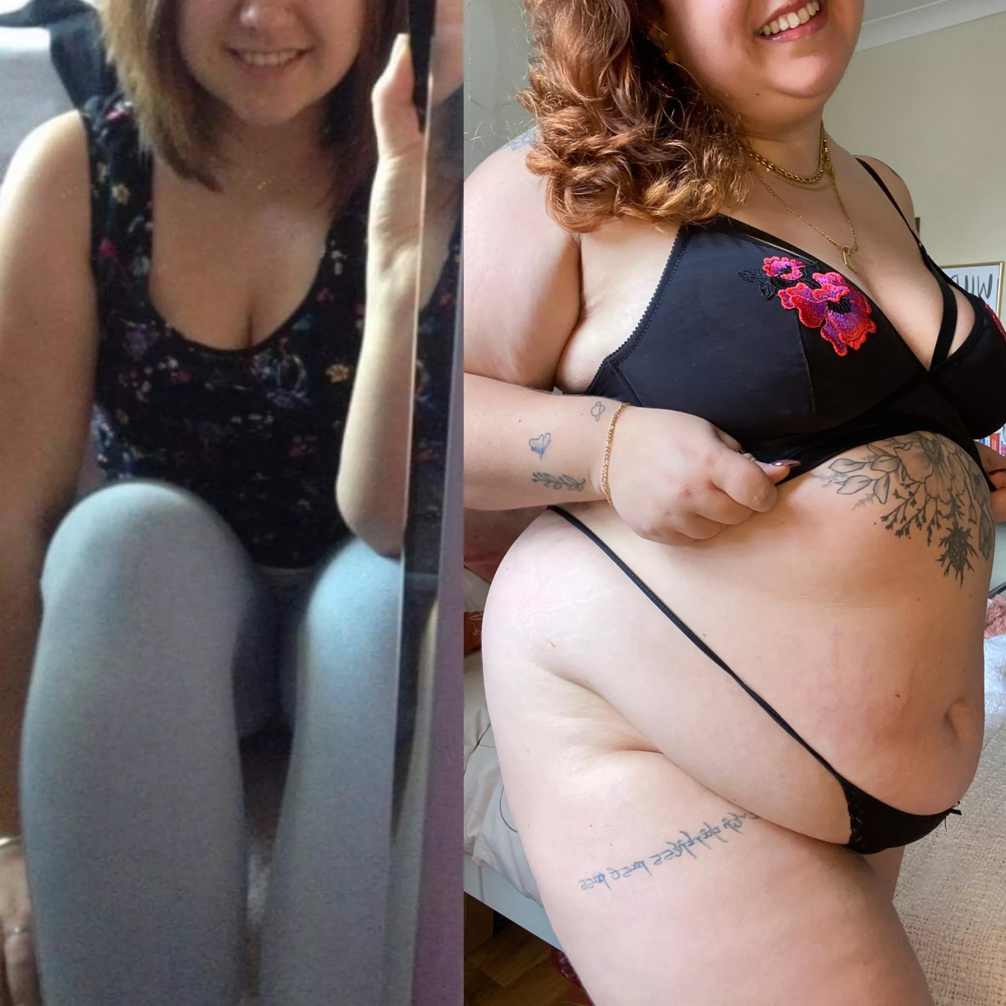 Nervous to post my first ever before & after! Nearly 100lbs gained & still not stopped 😳